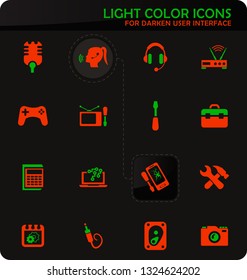 Electronics repair easy color vector icons on darken background for user interface design