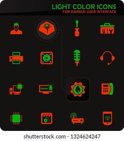 Electronics repair easy color vector icons on darken background for user interface design