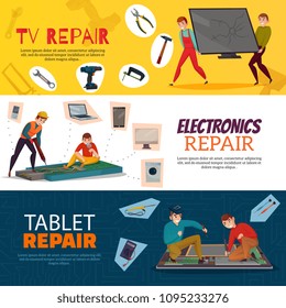 Electronics repair horizontal banners set with laptop TV and computer symbols flat isolated vector illustration