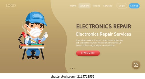 Electronics Repair Services website template. Illustration of a cartoon technician repairing broken electronics.