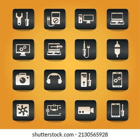 electronics repair symbols on black buttons on yellow background