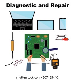 Electronics repair. Tester checking. Diagnostics, maintenance, electronics repair and computer equipment. Vector flat design style. Service center, workshop.
