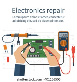 Electronics Repair. Tester Checking. Multimeter In Hands Of Man. Calibration, Diagnostics, Maintenance, Electronics Repair And Computer. Vector Flat Design Style. Service Center, Workshop.