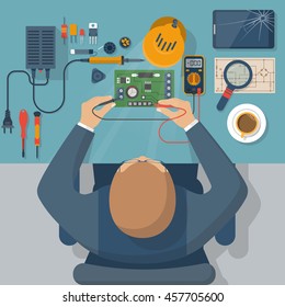 Electronics repair. Tester checking. Multimeter in hands of man. Calibration, diagnostics, maintenance, electronics repair and computer equipment. Vector flat design style. Service center, workshop.