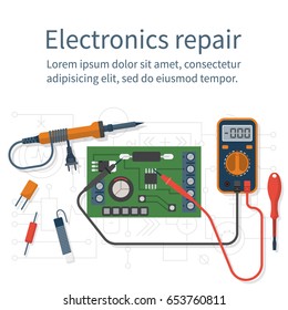 Electronics repair. Tester checking. Multimeter isolated on white background. Calibration, diagnostics, maintenance computer. Vector flat design style. Service center, workshop.