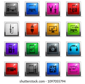electronics repair vector icons in square colored buttons
