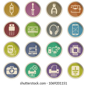 electronics repair web icons in the form of round paper labels