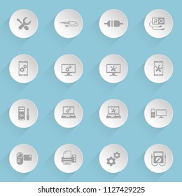 electronics repair web icons on light paper circles