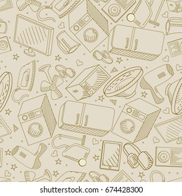 Electronics retro seamless coloring book line art design vector illustration. Separate objects. Hand drawn doodle design elements.