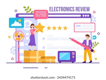 Ilustración del vector de la revisión de la electrónica con la calidad del servicio o de la aplicación de la calificación del cliente y proporciona retroalimentación en el fondo plano de la historieta