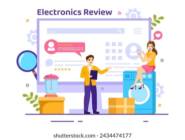 Ilustración del vector de la revisión de la electrónica con la calidad del servicio o de la aplicación de la calificación del cliente y proporciona retroalimentación en el fondo plano de la historieta