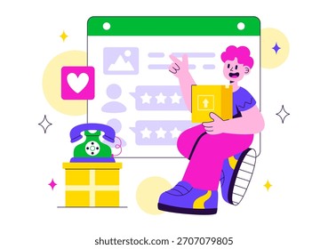 Ilustración vectorial de revisión de electrónica con calificaciones de Clientes en calidad de servicio y Comentarios del usuario en un fondo plano de dibujos animados