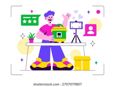 Ilustración vectorial de revisión de electrónica con calificaciones de Clientes en calidad de servicio y Comentarios del usuario en un fondo plano de dibujos animados