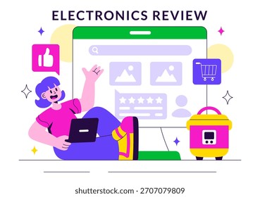 Ilustración vectorial de revisión de electrónica con calificaciones de Clientes en calidad de servicio y Comentarios del usuario en un fondo plano de dibujos animados