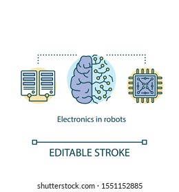 Electronics in robots concept icon. Biorobotics. Neural network and microchips. Copying human brain for creating AI idea thin line illustration. Vector isolated outline drawing. Editable stroke