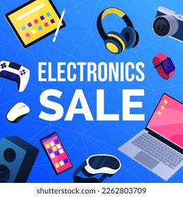 Electronics sale advertisement with assorted electronic devices floating and copy space