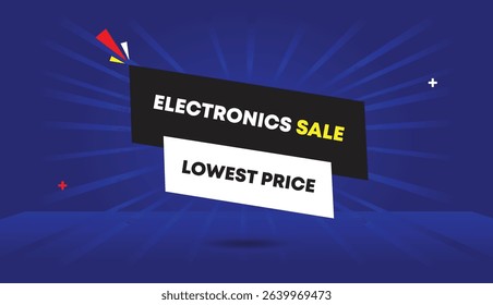 Electronics sale lowest price web banner vector art illustration label icon badge template design dark gray white shapes blue dark light sunshine abstract business background unique modern style