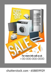 Electronics Sale poster, banner or flyer design with illustration of washing machine, laptop, refridgerator, fridge, toaster.