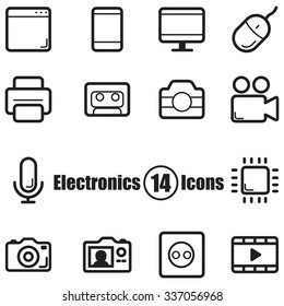 Electronics set of 14 icons with lines in  a flat style