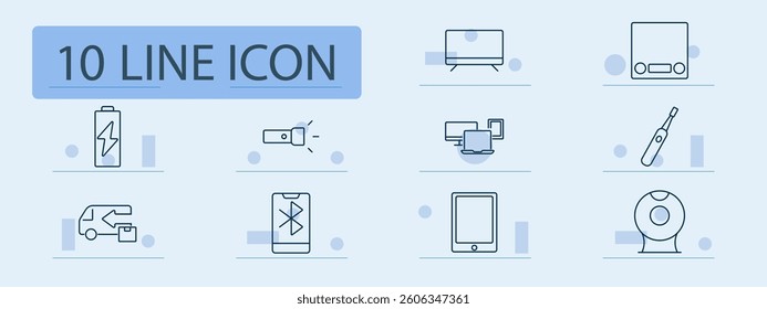 Electronics set icon. Battery, flashlight, monitor, scale, toothbrush, delivery, bluetooth, tablet, webcam, charging, smart devices, connectivity, balance, hygiene, interface