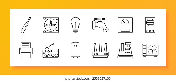 Icono de conjunto de electrónica. Cepillo de dientes eléctrico, ventilador, bombilla, grifo, medidor, termostato, impresora, radio, calentador, router, caja registradora, aire acondicionado. Dispositivos para uso doméstico, tecnología y comodidad