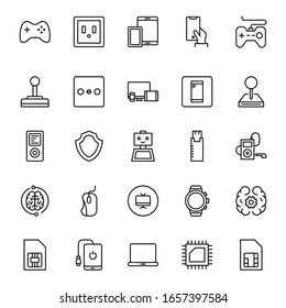 Electronics establece iconos de línea en diseño plano con elementos para el diseño de sitios web y aplicaciones móviles.  Colección moderna de logotipo y símbolo infográfico. Pictograma de línea vectorial de electrónica