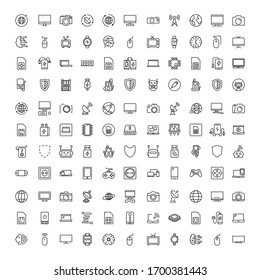 Electronics establece iconos de línea en diseño plano con elementos para el diseño de sitios web y aplicaciones móviles.  Colección moderna de logotipo y símbolo infográfico. Pictograma de línea vectorial de electrónica