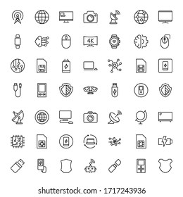 Electronics establece iconos de línea en diseño plano con elementos para el diseño de sitios web y aplicaciones móviles.  Colección moderna de logotipo y símbolo infográfico. Pictograma de línea vectorial de electrónica