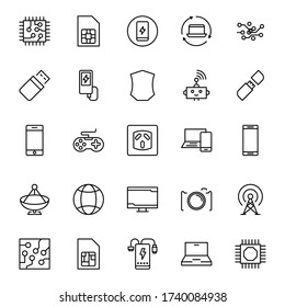 Los electrónicos configuran iconos de línea en diseño plano con elementos para el diseño de sitios web y aplicaciones móviles.  Colección de un logotipo y un símbolo infográfico moderno. Pictograma de línea vectorial de electrónica