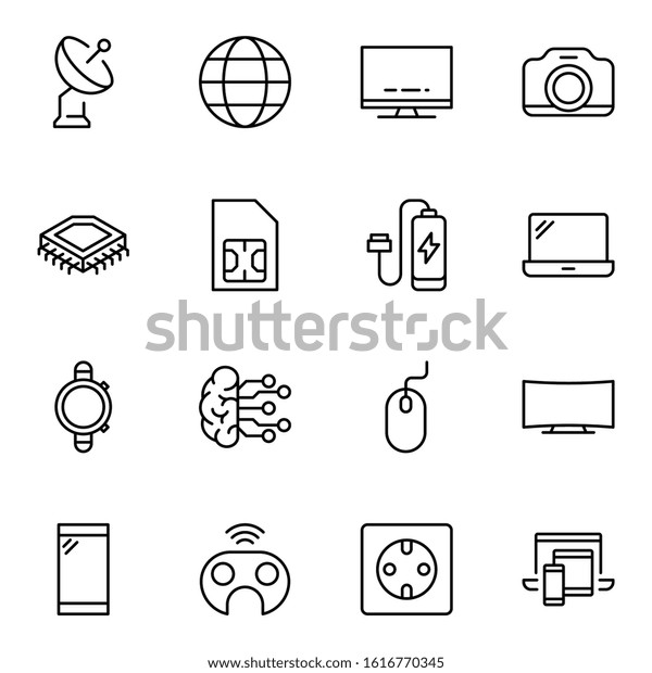 Electronics set line\
icons in flat design with elements for web site design and mobile\
apps.  Collection modern infographic logo and symbol. Electronics\
vector line\
pictogram