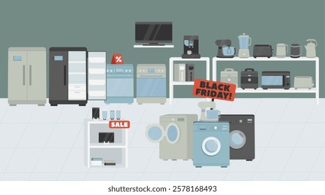 Electronics shop design interior vector illustration. Home appliances store black friday sale display with variety of household equipment, devices for kitchen and personal usage indoor background