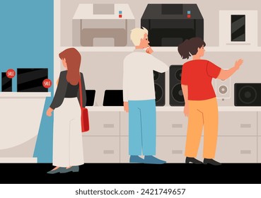 Electronics shop vector flat illustration. Seller or shop assistant and customers choosing home electronics appliances. People shopping in electronic store, audio and video equipment