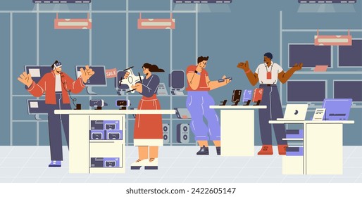 Electronics shop vector flat illustration. Shop assistant and customers choosing digital devices and electronics appliances. People shopping audio and video, quadcopter and virtual reality glasses