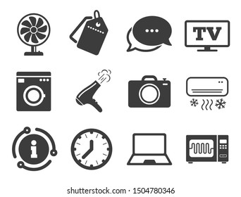 Electronics signs. Discount offer tag, chat, info icon. Home appliances, device icons. Air conditioning, washing machine and microwave oven symbols. Classic style signs set. Vector