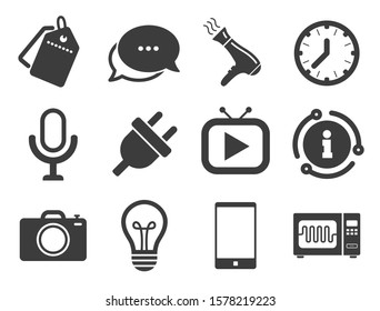 Electronics signs. Discount offer tag, chat, info icon. Home appliances, device icons. Lamp, electrical plug and photo camera symbols. Classic style signs set. Vector