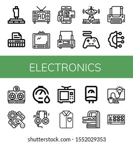 electronics simple icons set. Contains such icons as Joystick, Keyboard, Television, Tv, Secure payment, Printer, Technology, Controller, can be used for web, mobile and logo