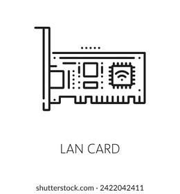 Electronics software, computer industry, app development hardware thin line icon. Internet and network technology, server hardware testing linear vector symbol with PC computer LAN card