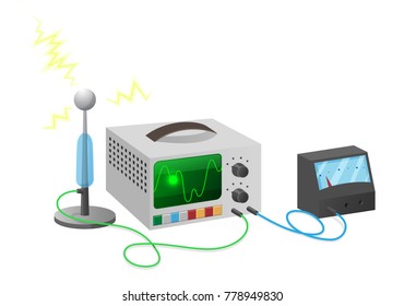 Electronics special equipment connected with wires isolated on white vector illustration. Device for getting signals used in radio technologies