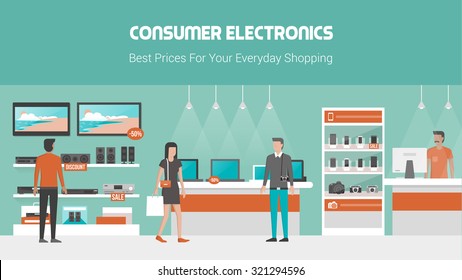 Electronics Store Banner With Mobile Phones, Laptops, Tv And Audio Equipment On Shelves And Displays, Customers Buying Products And Shop Assistant