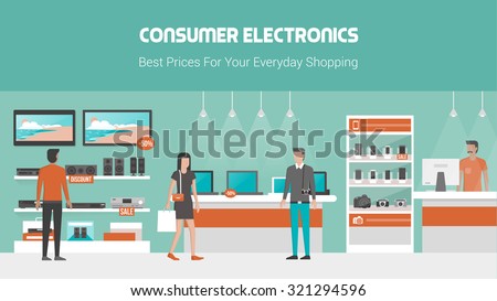 Electronics store banner with mobile phones, laptops, tv and audio equipment on shelves and displays, customers buying products and shop assistant