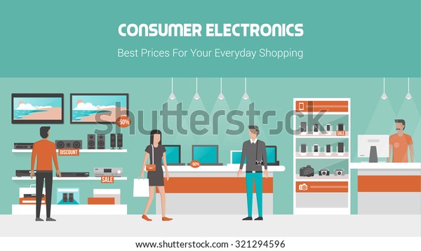 Electronics store banner with mobile phones,\
laptops, tv and audio equipment on shelves and displays, customers\
buying products and shop\
assistant