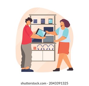 Composición de almacén electrónica con mujer comprando tableta plana de ilustración vectorial