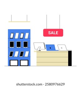 Electronics Store Counter With Laptops And Smartphone Display Shelf In Flat Vector Illustration Symbolizing Technology Retail, Shopping, And Discounts, Isolated On White Background.