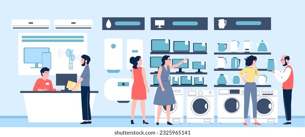 Electronics store with counter and sellers. Electronic devices for home, kettles, wash machine and computers. Consumer choosing recent vector scene