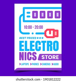 Electronics Store Creative Promotion Banner Vector. Electronics Shop Selling Video And Photo Cameras, Laptops, Phones And Audio Technics Advertising Poster. Concept Template Style Color Illustration