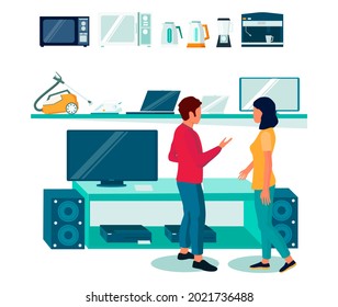 Electronics Store, Flat Vector Illustration. Home Appliances, Audio Equipment, Computers, Smartphones On Shelves, Seller And Buyer Cartoon Characters.