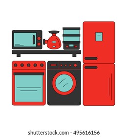 Electronics store. Home appliances on store shelves. Vector illustration.