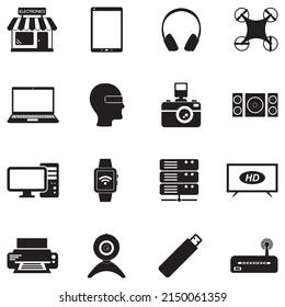Los Iconos Se Almacenan En Electrónica. Diseño plano negro. Ilustración vectorial.