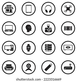 Electronics Store Icons. Black Flat Design In Circle. Vector Illustration.