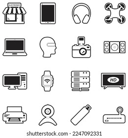 Los Iconos Se Almacenan En Electrónica. Línea con diseño de relleno. Ilustración vectorial.